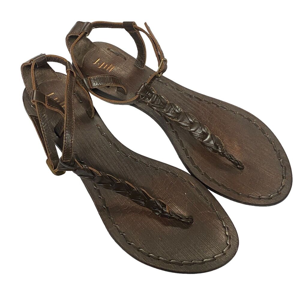 J Jill Sutra T-strap Thong Sandals Size 9 Brown Leather Braided Flats Boho Beach